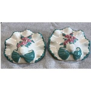 Vintage Ceramic Hat Wall Pocket Pair Pink Roses Teal Bow Ruffled Scalloped Edge
